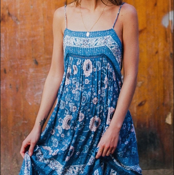 Spell Blue Floral Zahara Metallic Midi Boho Dress - Picture 6 of 16